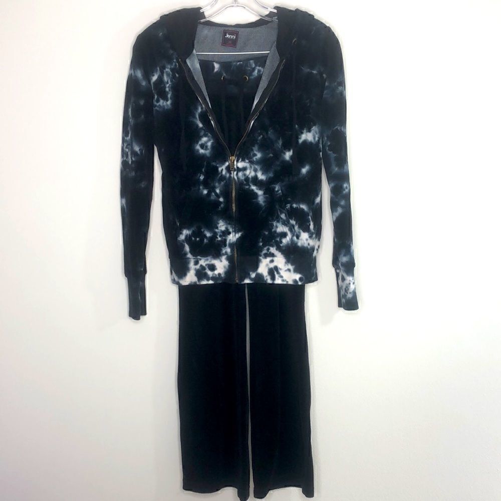 SET: JENNI by Jennifer Moore Sweatsuit Loungewear Velour Hoodie & Pant Set Black
